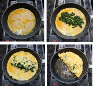 Une omelette délicate et moelleuse est faite en fouettant très bien les œufs, comme si vous alliez faire un gâteau. Feuilles d'épinards fraîches, fromage Cheddar sur le dessus et qui se soucie qu'il ne se plie pas parfaitement ?